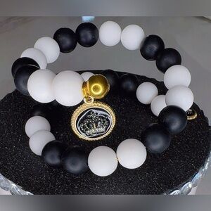Black and White bangle wrap Beaded Bracelet with Gold Charm
